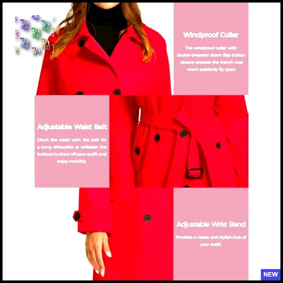 Waterproof Trench Coat Classic Lapel Double Breasted Belted Outerwear Elegant - Picture 5 of 7